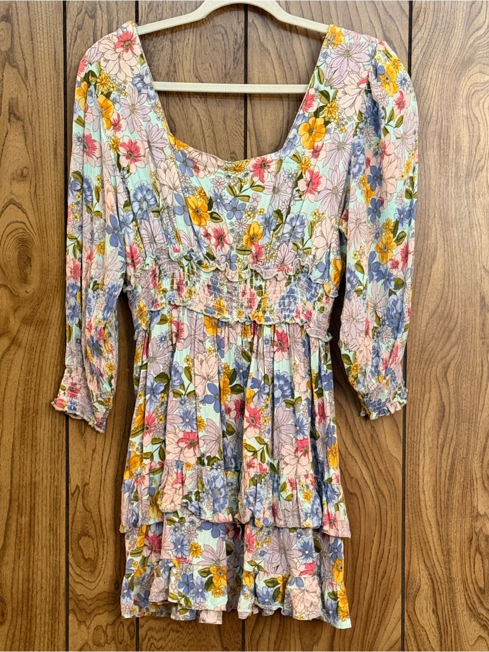 Angie Floral Smocked Waist Tiered Mini Dress Tie Back Boho